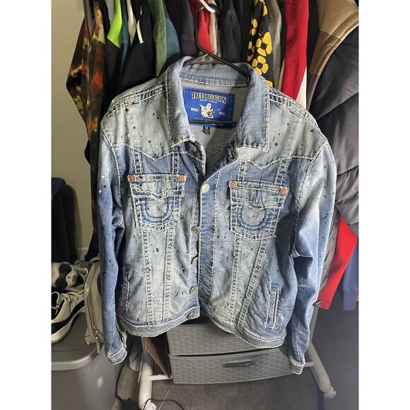 Size 2XL- True Religion Denim Jean Jacket Men Paint Splatter - Picture 1 of 3